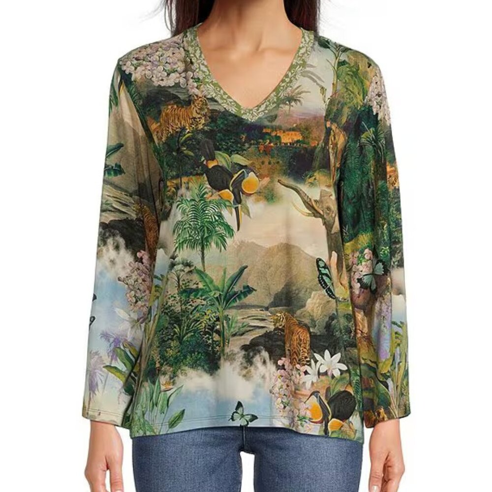 Johnny Was Rawi Janie Favorite Kimono Sleeve Tee Shirt Wild Animal Green Top NEW